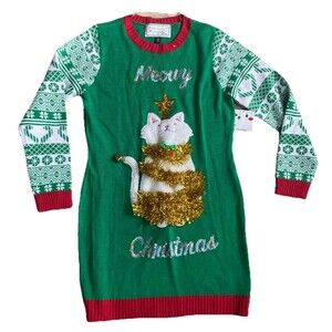 Allison Brittney Christmas Cat Holiday Sweater Dress Sz Med Green Red Gold NWT